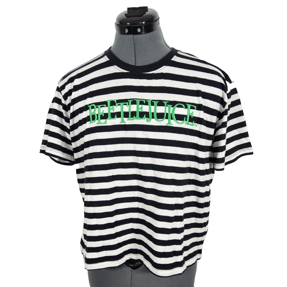 Beetlejuice Striped Graphic Tee Black White Green Logo Small 7/9 100% Cotton